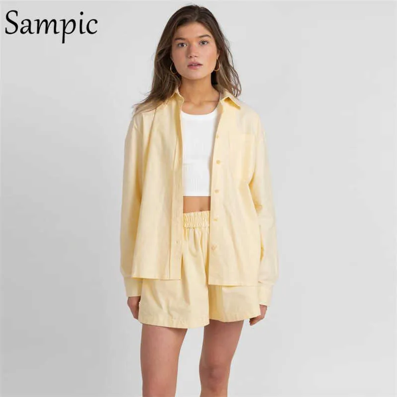 Sampic Casual Womem Gelb Lounge Wear Sommer Trainingsanzug Shorts Set Langarm Shirt Tops Und Mini Shorts Anzug Zwei Stück set Y0702