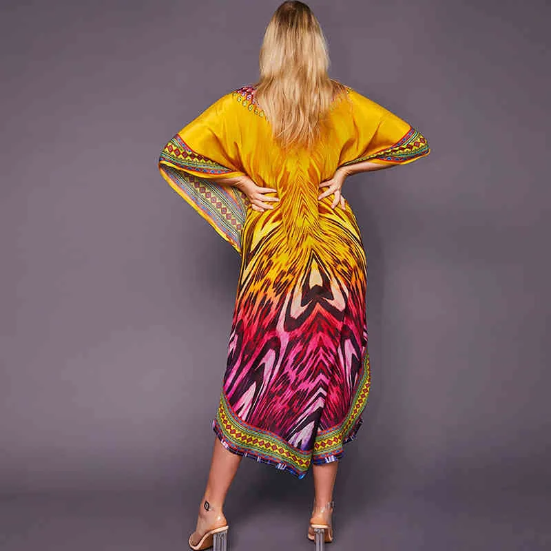 Разноцветные бикини Обложка Sexy V-образным вырезом половина рукава Boho Летнее Пляжное платье плюс размером Beachwear Cown Cover UP Q1149 210420