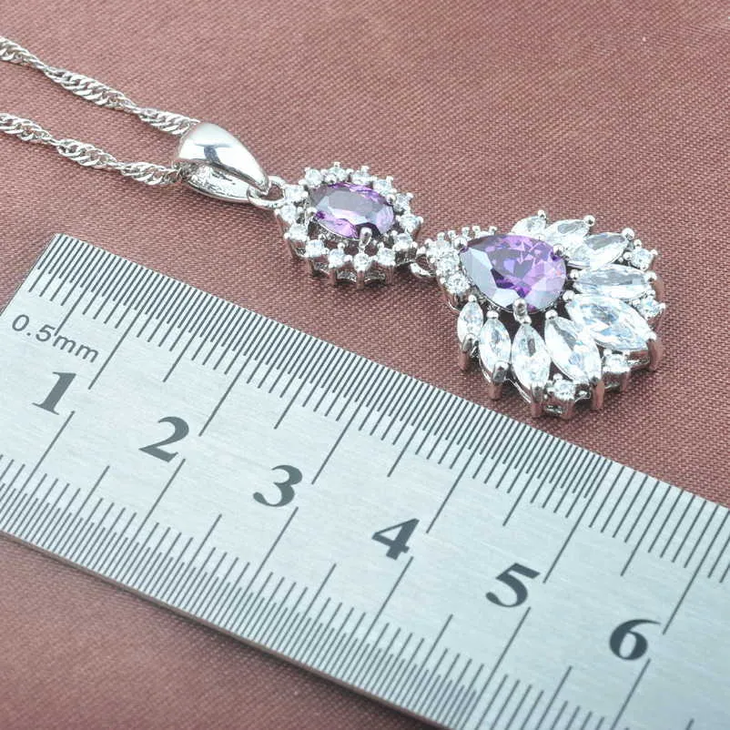 AAA Quality Purple Crystal Women's Wedding Silver Color Jewelry Sets Necklace Pendant Earrings Ring Birthday GiftsTZ0479 H1022