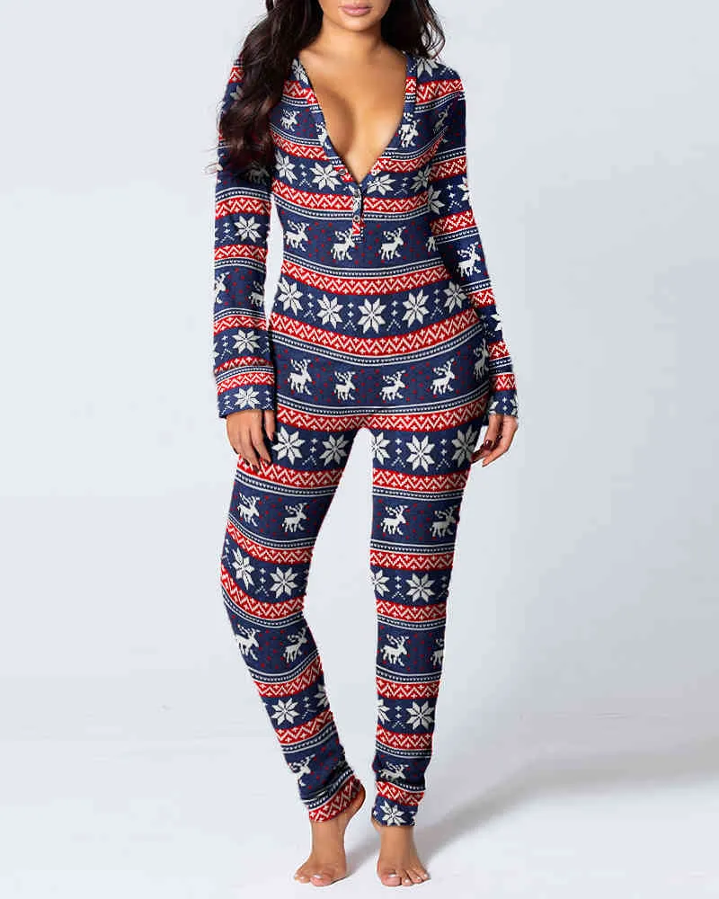 Neujahr Weihnachten Funktionelle geknöpfte Klappe gedruckt Erwachsene Pyjamas Anzug Damen Sleevewear abnehmbare Overalls 210415