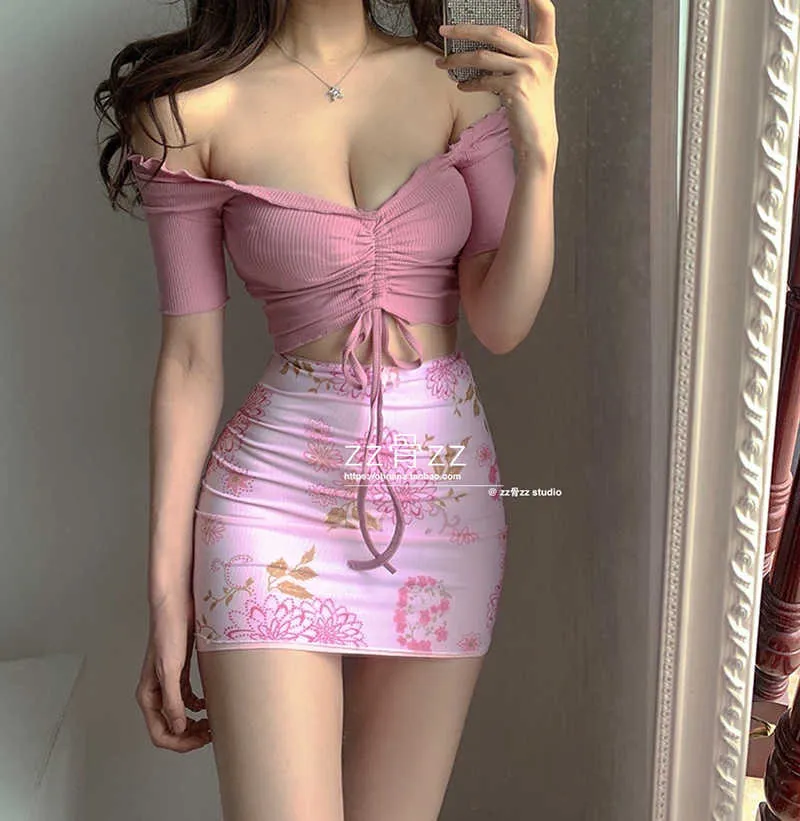 WOMENGAGA Summer Fresh Printing Lace Mesh Pink Sweet Girl Female Korean Slim Sexy Mini Skirts Pencil Pleated Skirt Gothic JL4R 210603