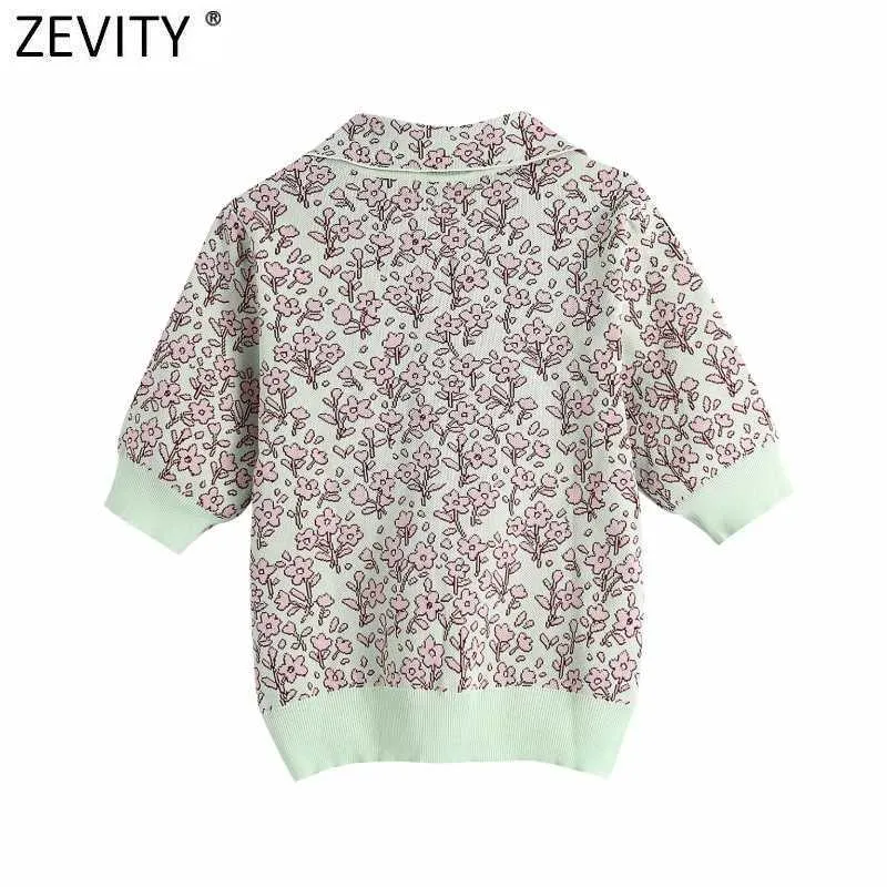 Zevity Donna Vintage Stampa floreale Jacquard Maglione lavorato a maglia Colletto bavero femminile Pullover manica corta Chic Top di marca SW808 210603