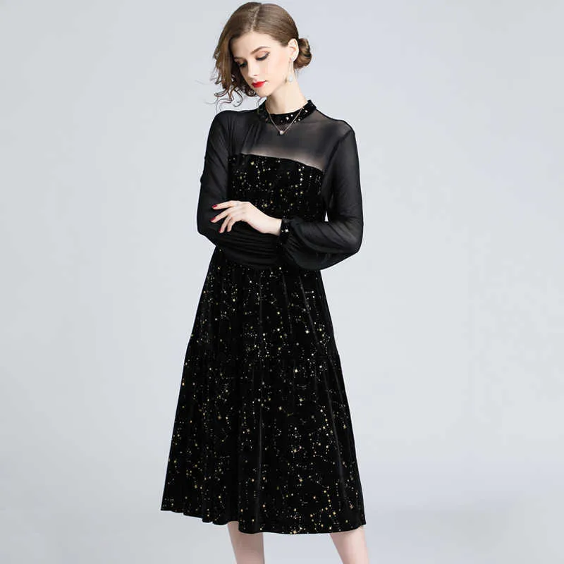 LY VAREY LIN Women Vintage Velvet Long Dress Elegant O Neck Lantern Sleeve Black Party Tulle Patchwork Slim Retro Vestidos 210526