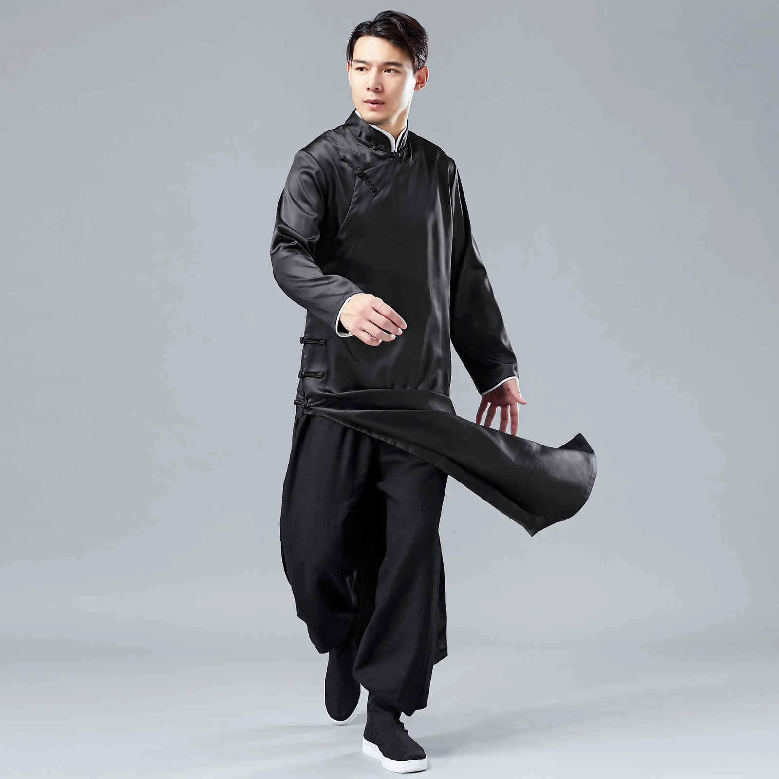 IEFB /men's wear spring satin gown robe Chinese style national costume long sleeve vent hem clothes 9Y1242 210524