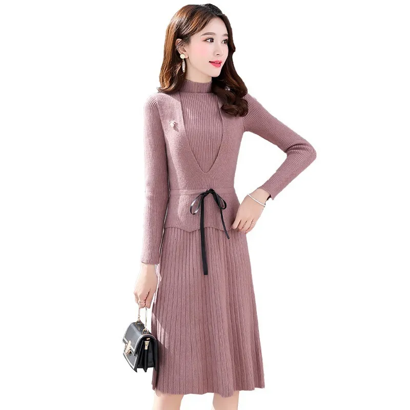 Conjuntos de otoño e invierno para mujer, vestido de punto de Color puro de manga larga de estilo coreano, suéter ajustado, chaleco, vestidos GX763 210507
