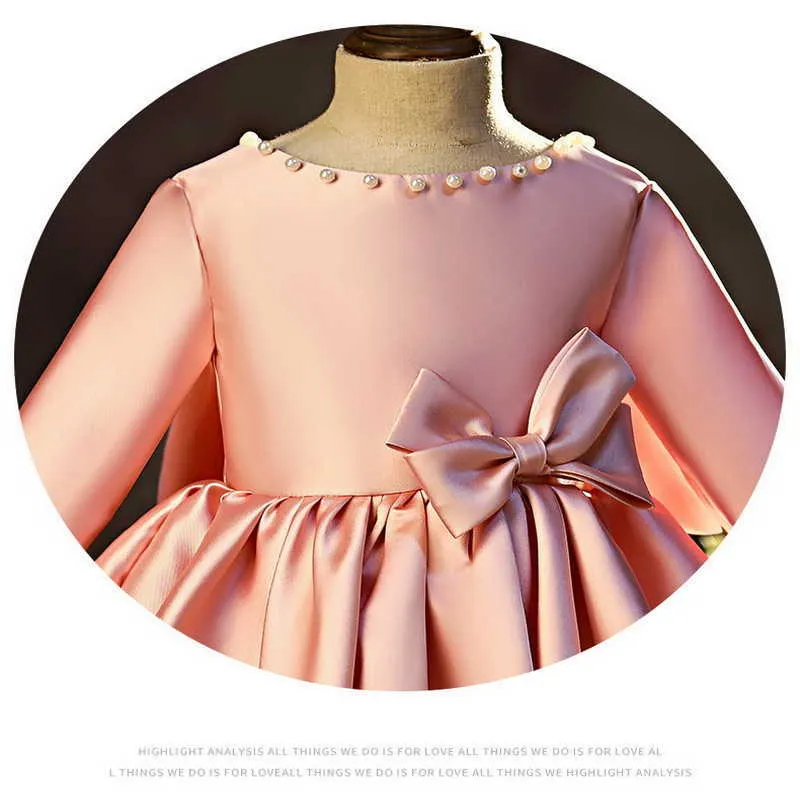 Spring Teenagers Girl Dresses Pearl Collar Bow Pink Princess for Party Wedding Piano Perform Kids Clothes E1041 210610