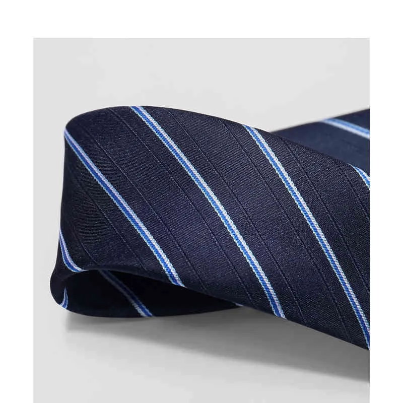 Cravate rayée bleue de styliste pour hommes, 8CM, mode de mariage, robe de luxe, costume en soie Polyester, cravate masculine avec boîte-cadeau
