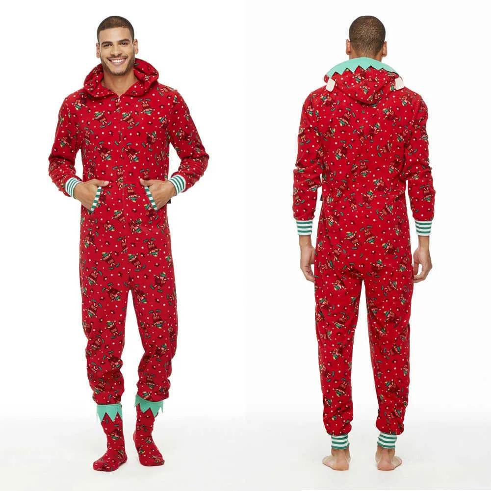 Aile eşleşen Noel pijamaları romper tulum kadın erkekler erkek çocuklar kırmızı baskı nomas pijama giyim kapüşonlu fermuarlı kıyafetler 2108619001