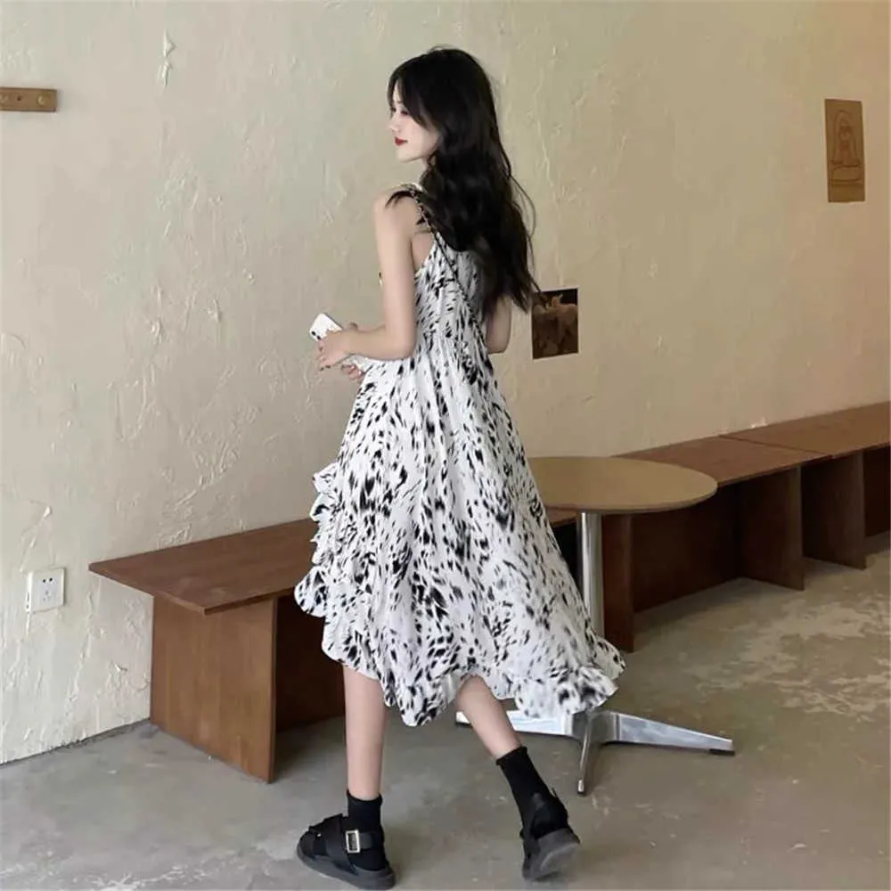 Irregular Gothic Ruffle Sleeveless Dress Women Korean Fashion Floral Summer Mid-Calf Female Long Dresses Elegant Lady Beachwear 210619