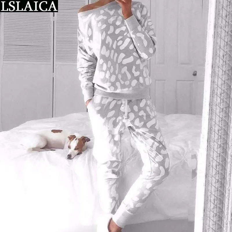 Casual Wear Damen Pyjamas Lose Rundhals Druck Home Loungewear Mode Herbst Winter Langarm Frauen Zweiteilige Outfits 210520