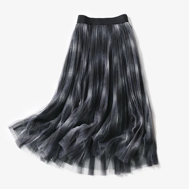 Qooth Classic Mesh Color Gradient Skirt Vår Höst Hög midja Elegant Pläterad Skirt Fluffy Fairy A-Line Mesh SKIRT QT562 210518