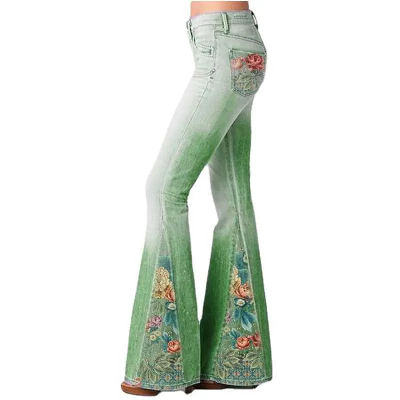 Primavera New Fashion Jeans Stampa floreale sfumata Imitazione Denim Campana Pantaloni lunghi da donna a vita alta Pantaloni da donna taglie forti L
