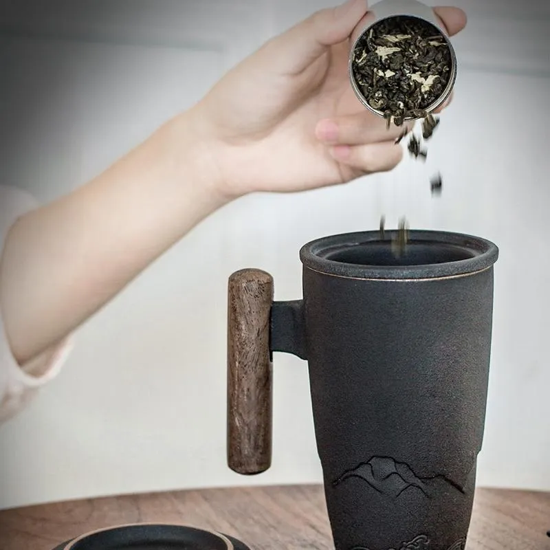 Kubki luksusowy retro kubek herbaty ceramiczny kubek o dużej pojemności czarna woda z osłoną drewniane kubki na kubki na prezenty Box243a