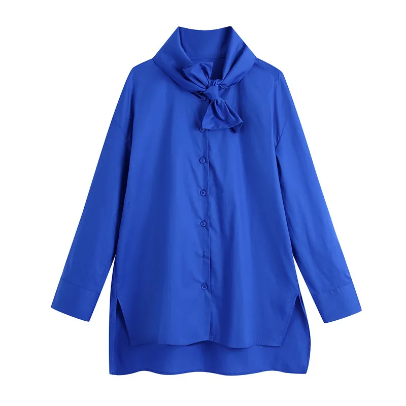 Fashion Blue Asymmetric Loose Blouses Shirt Kvinnor Bow Collar Långärmad Kvinnlig Skjortor Chic Tops Ladies Casual Clothing 210430