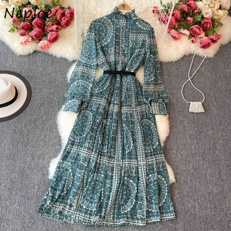 Neploe Vintage Print Bohemian Holiday Dress Kvinnor Hög midja Höft Sashes A Line Long Vestidos Spring Robe Long Sleeve 210510