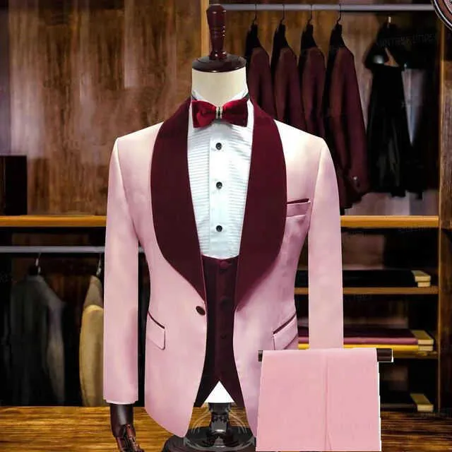 Mode Custom Mode Classic Fashion Rose Pink Tuxedos GroomsMen Bourgogne Velvet Châle Chemin de châle Meilleur costume Mariage Blazer Homme Blazer costumes x0909