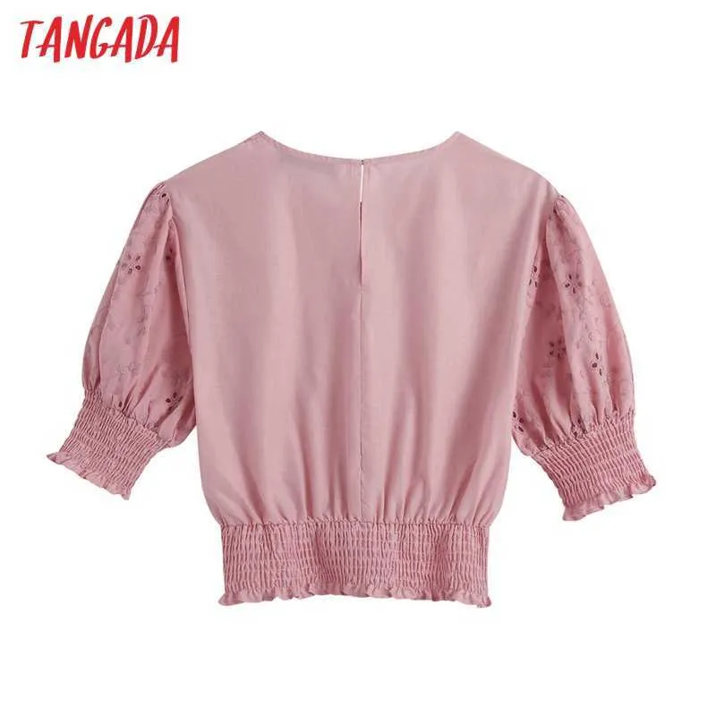 Tangada Frauen Sommer Rosa Aushöhlen Stickerei Geerntete Blusen Vintage Kurzarm Weibliche Tunika Shirts Chic Tops BE626 210609