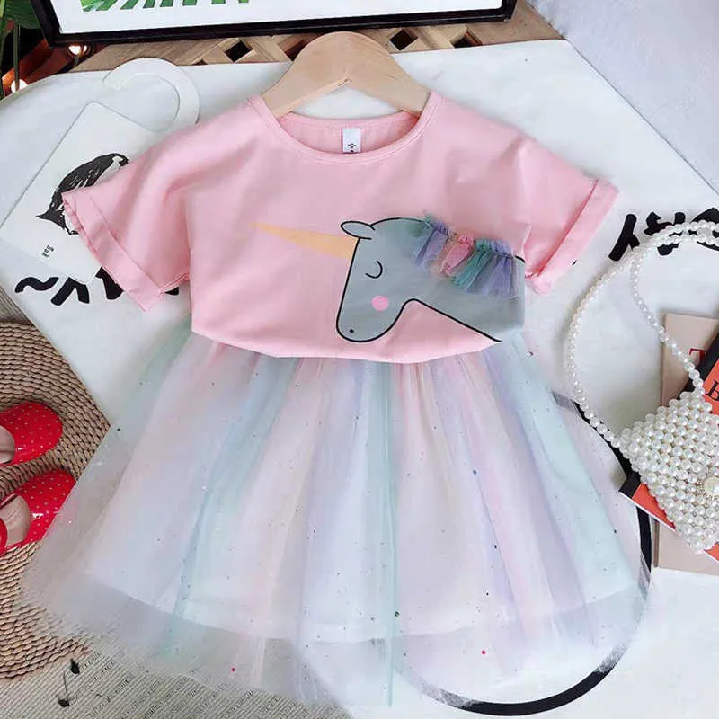 Sommarflickor kläder Set Elegant Bow Princess Girls Cartoon T-shirt + Tulle Kjol Barnkläder Set Barn 210625