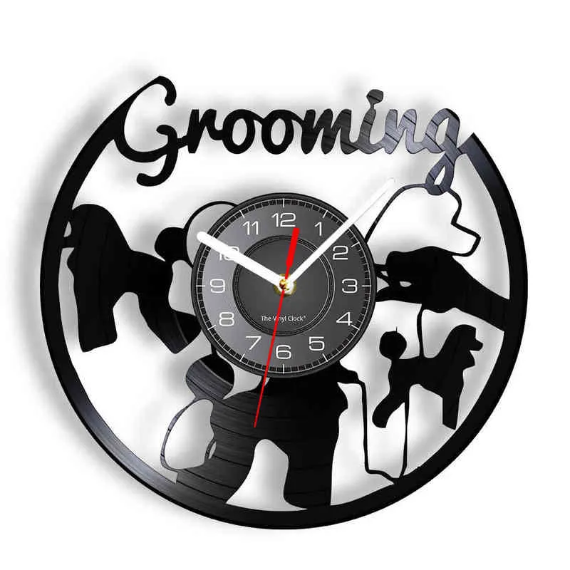 Horloge murale de boutique de toilettage pour animaux de compagnie faite de vinyle réutilisé LP Record Puppy Canine Wash Pets Haircut Hairstyle Clock Timepieces H1230