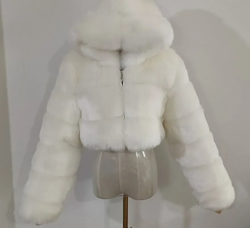 Moda Futro Płaszcz Z Kapturem Pełne Rękawy Patchwork Płaszcze Dla Kobiet Casual Faux Fur Gruba Ciepła Kurtka Fourrure Femme