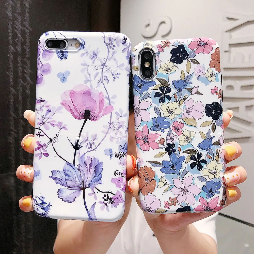 Art Flowers Phone Cases For iPhone 12 Pro mini X XR XS Max 7 8 Plus 11 13Pro Max Soft Silicone IMD Floral Protective Back Cover