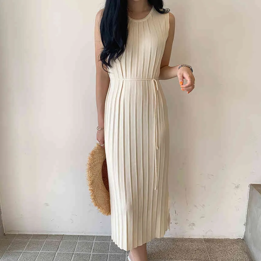 Yaz Kore Örme Kolsuz Elbise Kadın O-Boyun Sashes Uzun Elbiseler Zarif Katı Moda Kazak Vestidos Femme 210513