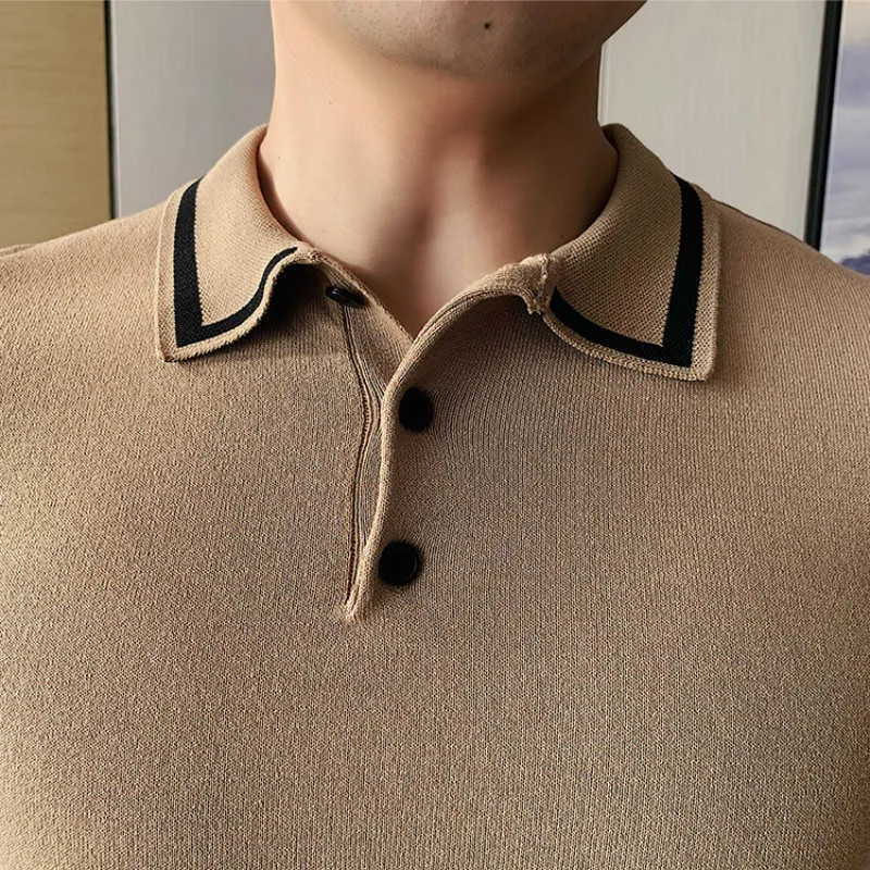 ブランドニットポロシャツソリッドカラービジネスカジュアルポロ夏半袖シャツ高品質ゴルフシャツメンズ服210527