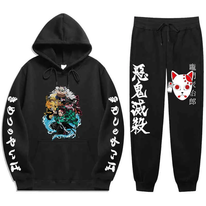 Anime Demon Slayer Kış Eşofman 2 Parça Set Tanjiro Kamado Baskı Hoodies pantolon Sportwear erkek Takım Elbise Kapüşonlu Sweatshirt Harajuku G1222