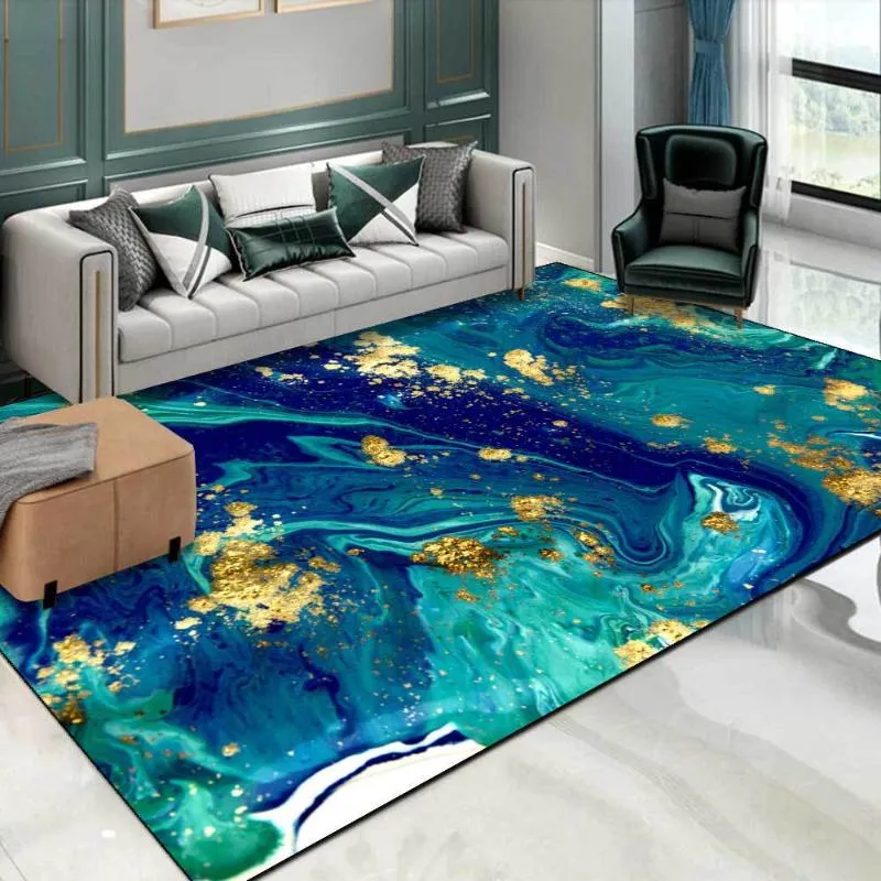 Tapijten Nordic Luxe Abstract Woonkamer Tapijt Aquarel Blauw Groen Oceaan Vloeibaar Marmer Verguld Gouden Tapijt Slaapkamer Nachtkastje No2667