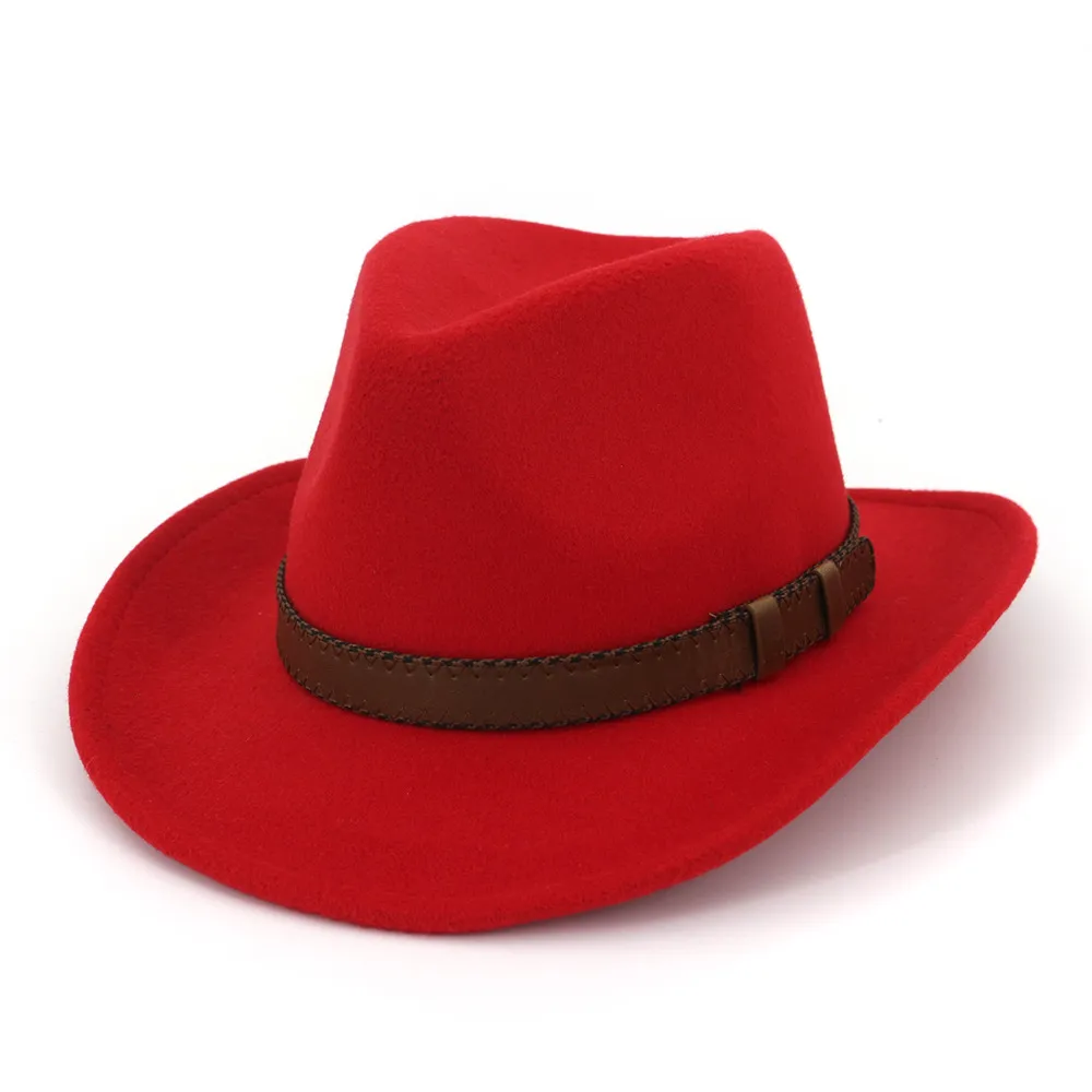 Wide Brim Wool Felt Cowboy Fedora Hats with Dark Brown Leather Band Women Men Classic Party Cap Cap Hat Whole298r