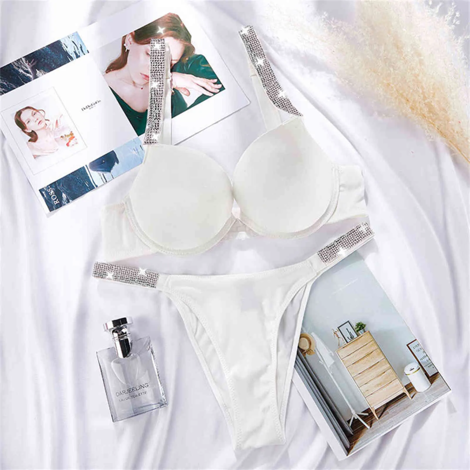 NXY sexy set Push Up Bra Panty Bras For Women Sexy Letter Rhinestone Lingerie Briefs Set Adjustable Underwear Sets White Bralette 1127