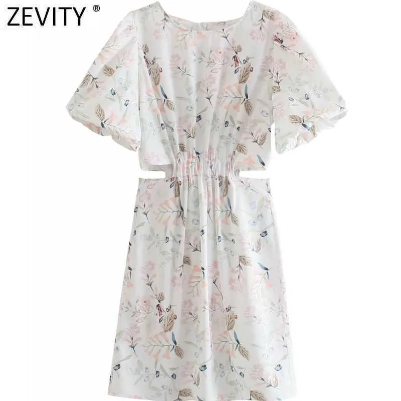 Zevity Femmes Sweet Floral Imprimer Taille Plis De Taille Casual Slim Slim A Robe de ligne Femme O Cou Cou Zipper Chic Vestidos DS8303 210603