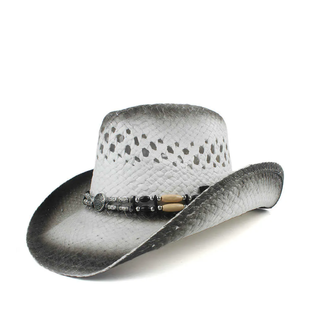 Retro Handgemaakte Weave Stro Vrouwen Mannen Holle Western Cowboy Hoed Dame Vader Sombrero Hombre Cowgirl Jazz Zon Caps Maat 56-58 cm Q0805