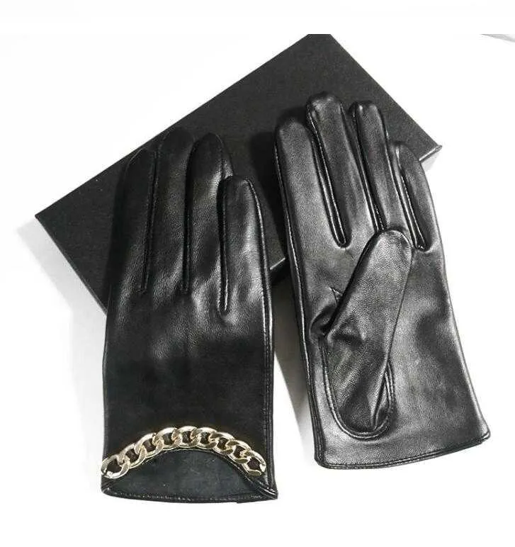 Gants en cuir de mouton avec chaîne de conception courte pour femmes, gants fins en cuir véritable pour écran tactile, gant de moto noir R417 H1022