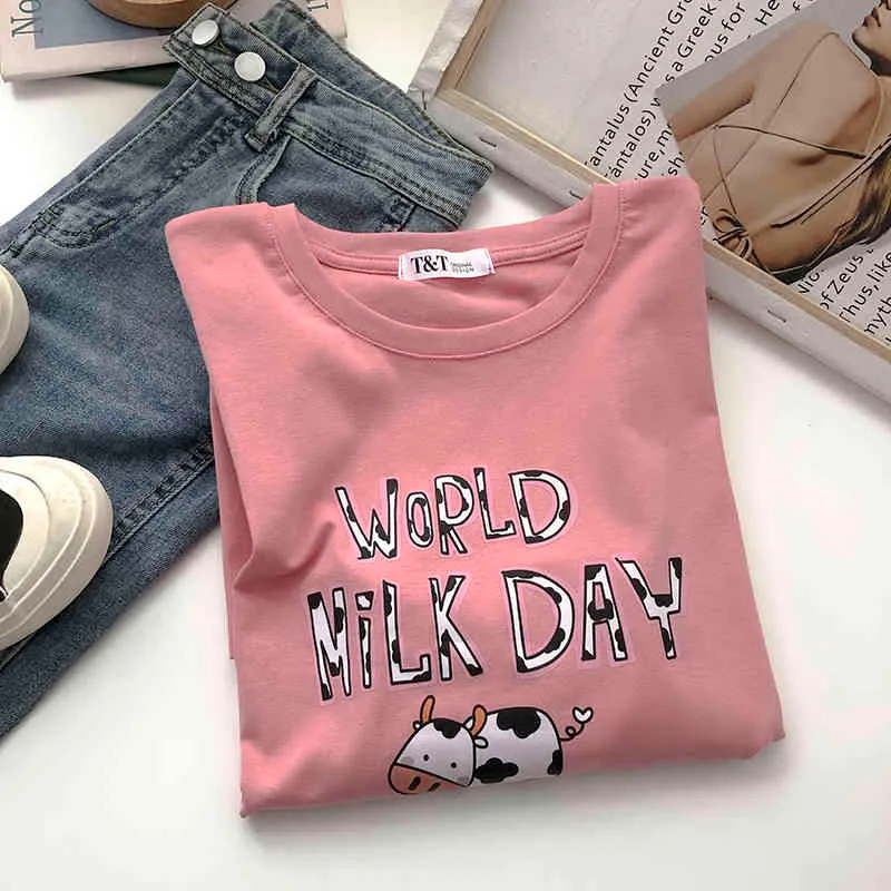 Kimutomo zoete meisjes cartoon print t-shirt zomer Koreaanse stijl vrouwelijke O-hals korte mouw losse all-matching tops casual 210521