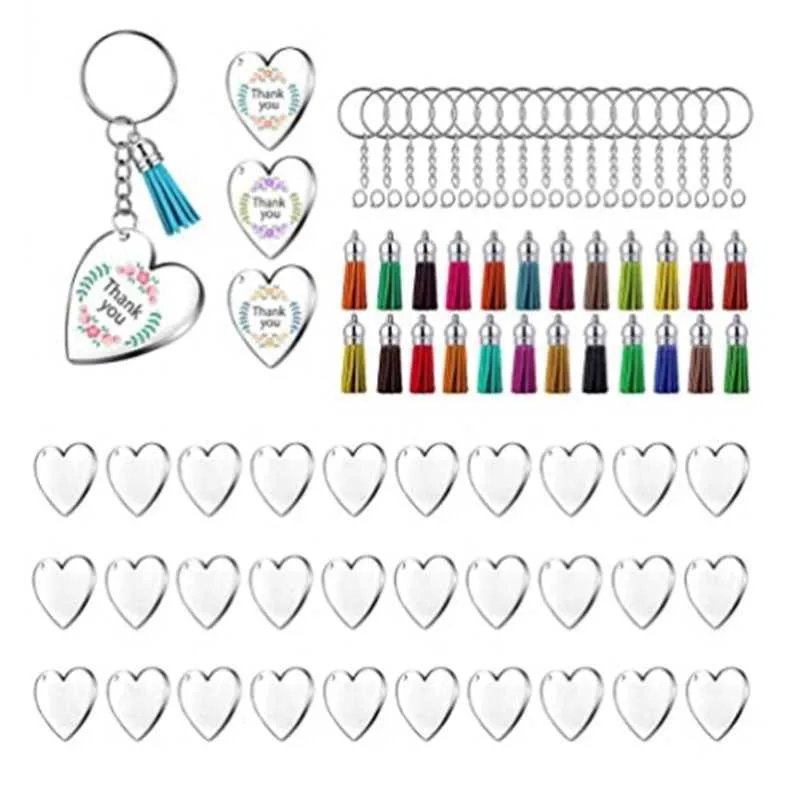 90 stks Acryl Discs Clear Heart Sleutelhanger Blanks Charms en kleurrijke kwast Sleutelhanger Ringen voor DIY Crafts Sieraden maken H0915
