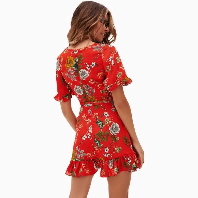 Leviortin Red Boho Короткое платье Женщины Сексуальное V-образным вырезом рюшачьего пляжа Летний цветочный мини Sundress 81953 210527