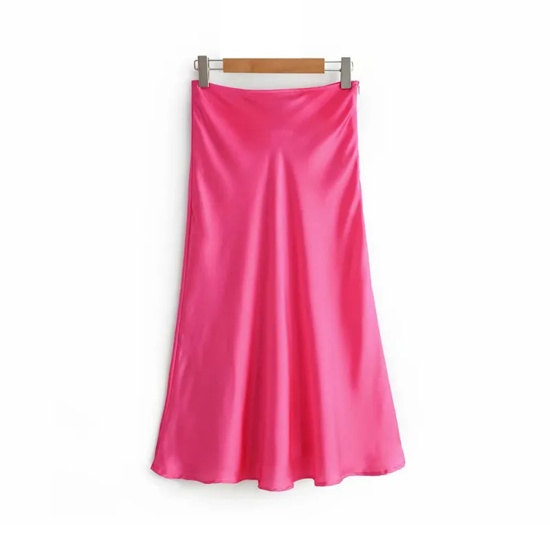Slim Kobiety Różowe Satynowe Spódnice Dla Ladies 2021 Żółty Skinny Ołówek Spódnica Dziewczyny Eleganckie Party Gładkie ubrania Jupe Femme Faldas X0522