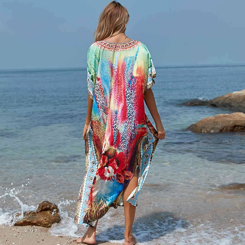 Long Polyester Beach Cover up Bathing suit for Women Pareo Swim Saida De Praia Robe Plage Dress Q1186 210420