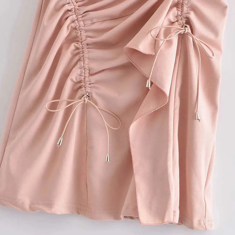 Fashion Women Polo Collar Draw String Dress Short Sleeve Chic Ladies Summer Mini Vestidos 210531