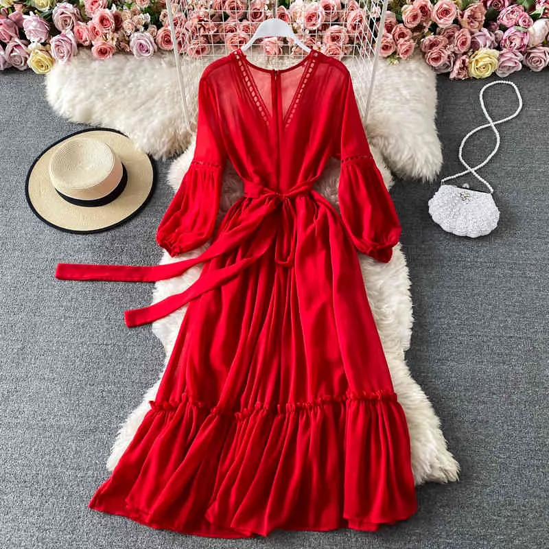 Nomikuma Vintage Lantern Sleeve V-neck Women Dress Fashion Elegant Red Dresses New Bow Bandage Slim Waist Vestidos 6E690 210427