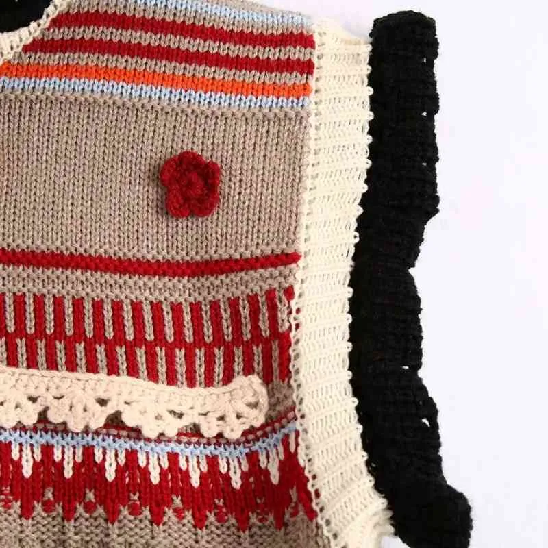 Femmes fleur Appliques couleur Crochet tricot pull décontracté Femme sans manches pull haute rue dame hauts amples SW900 210430