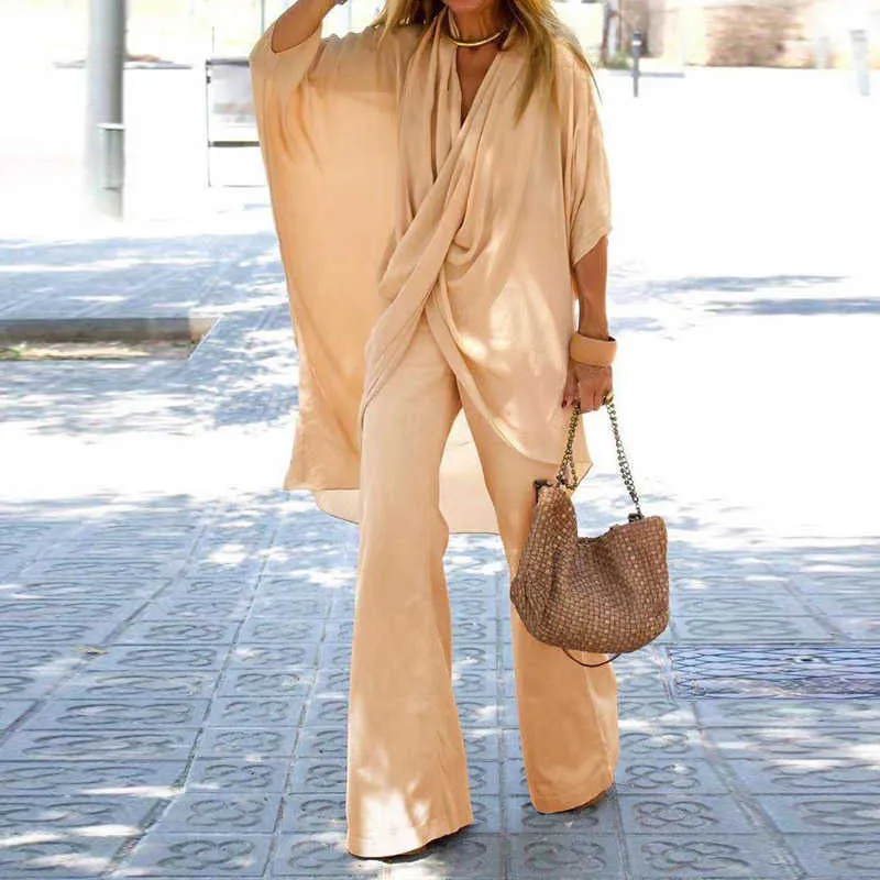 Solto elegante mulheres sólidas de algodão conjunto de jogos de linho outono casual altas calças terno terno feminino streetwear longas tops outfit 210819