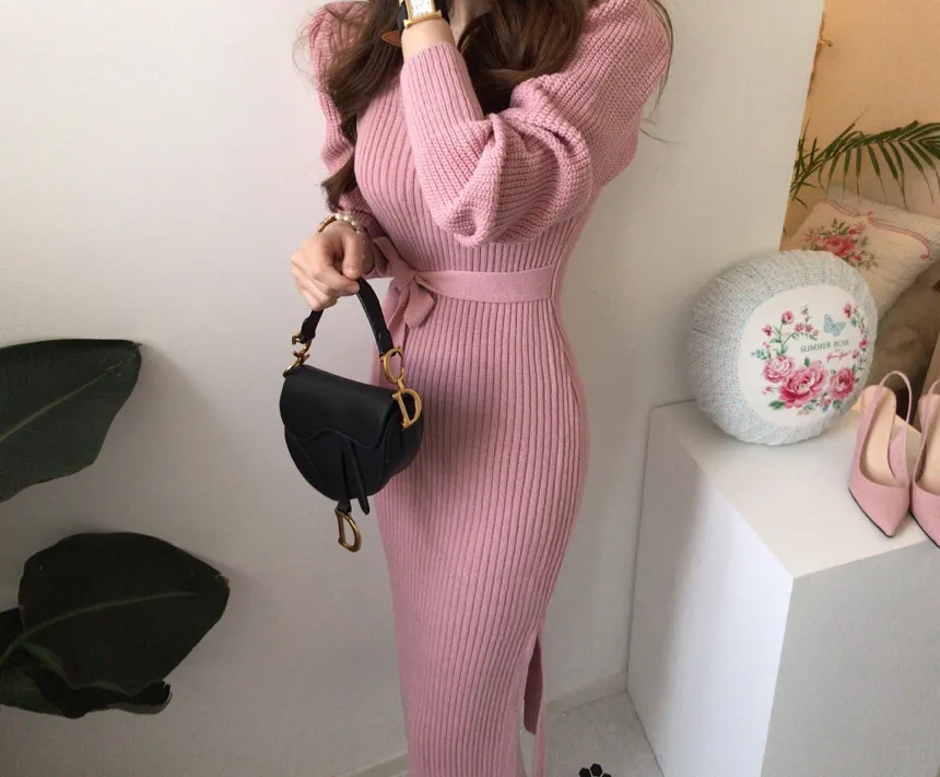 Vestido largo coreano elegante de punto para mujer, manga de invierno con cuello en V, suéter con cinturón, Vestidos de moda para mujer, Vestidos Vintage 210513
