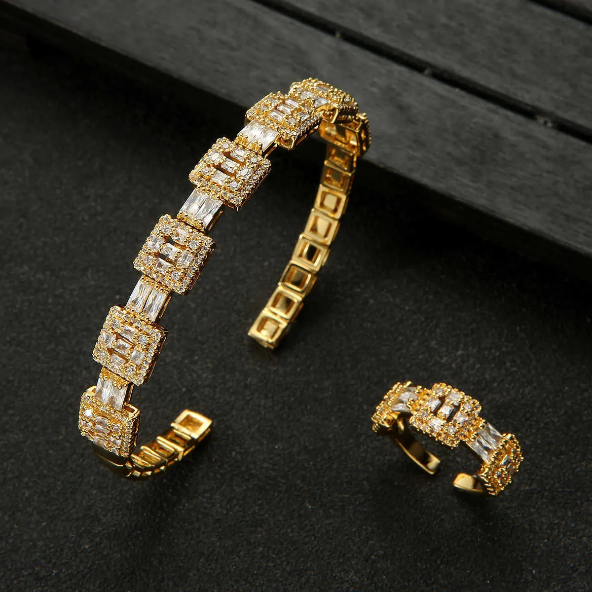 Luxury Square Bangle Ring Sets Cubic Zirconia CZ Dubai Bridal Jewelry Sets For Women Wedding brincos para as mulheres 2021 H1022