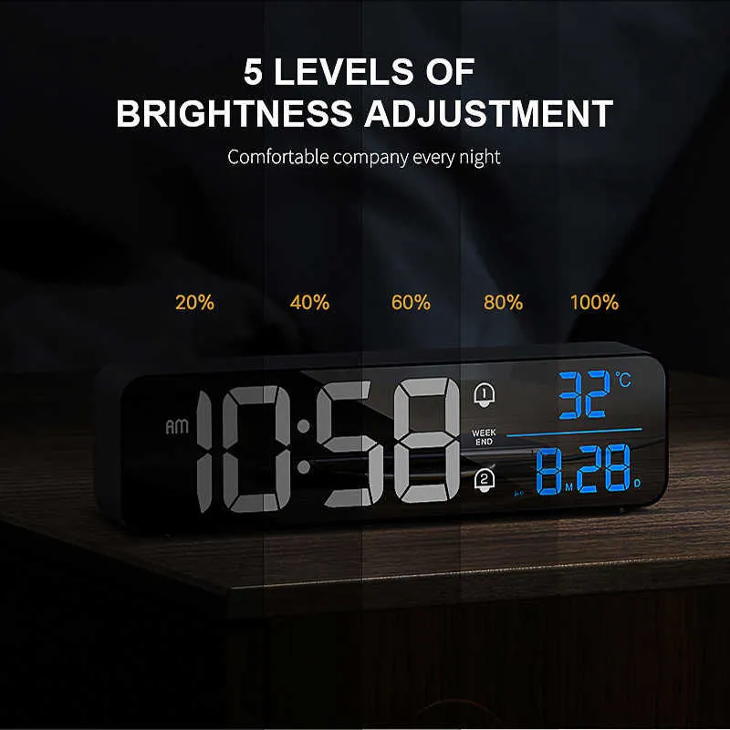 AKABELL Réveil sans fil 10,4 pouces Rechargeable Grandes horloges murales LED numériques 40 sonneries Affichage de la température de la date activée par le son 210804