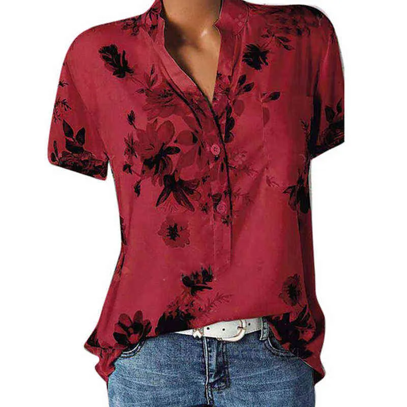 Tempérament nouvelle chemise pour femmes impression grande taille chemise décontractée ample col en v à manches courtes chemisier H1230