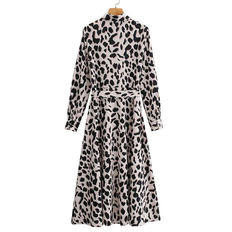 Women Summer Vintage Loose Dress Long Sleeve Buttons Leopard Print Sashes Bow Tie Female Elegant A-Line Dresses Vestidos 210513