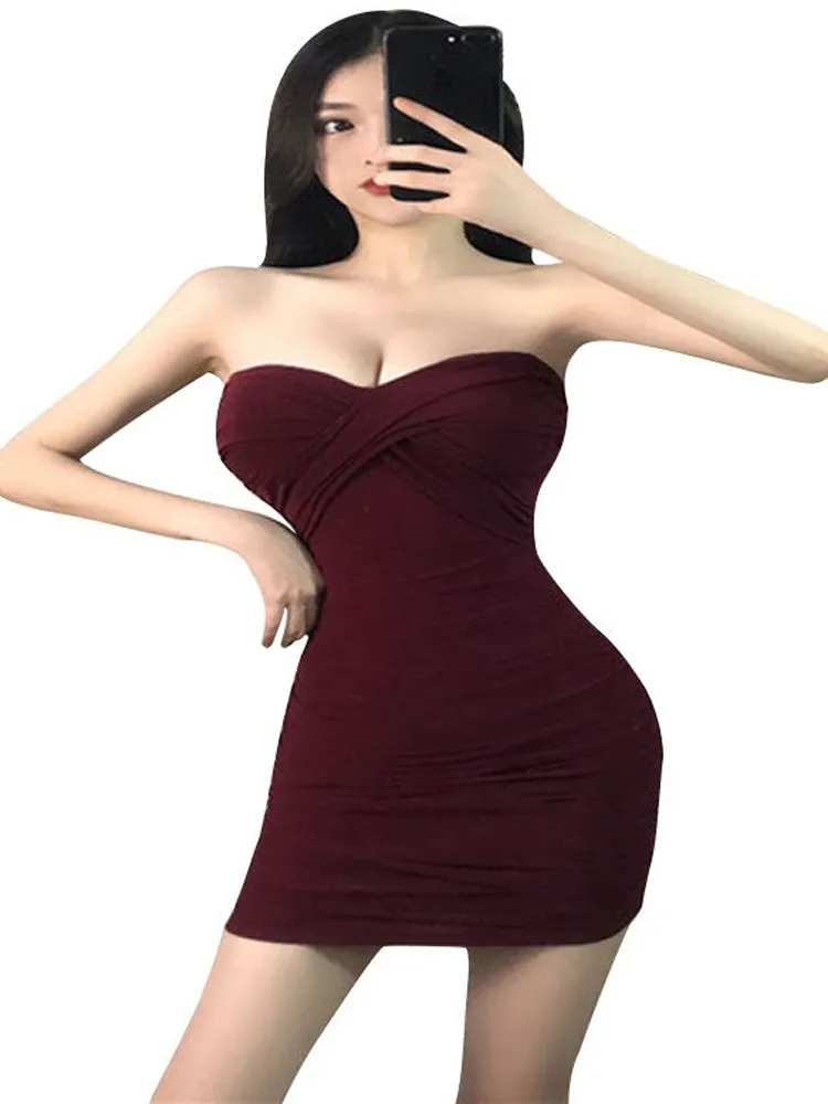 Sexy Nightclub Goddess Backless Tube Top Skinny Low-cut Slim Fit Hip Bottoming Dress Ginocchio Office Lady 210416