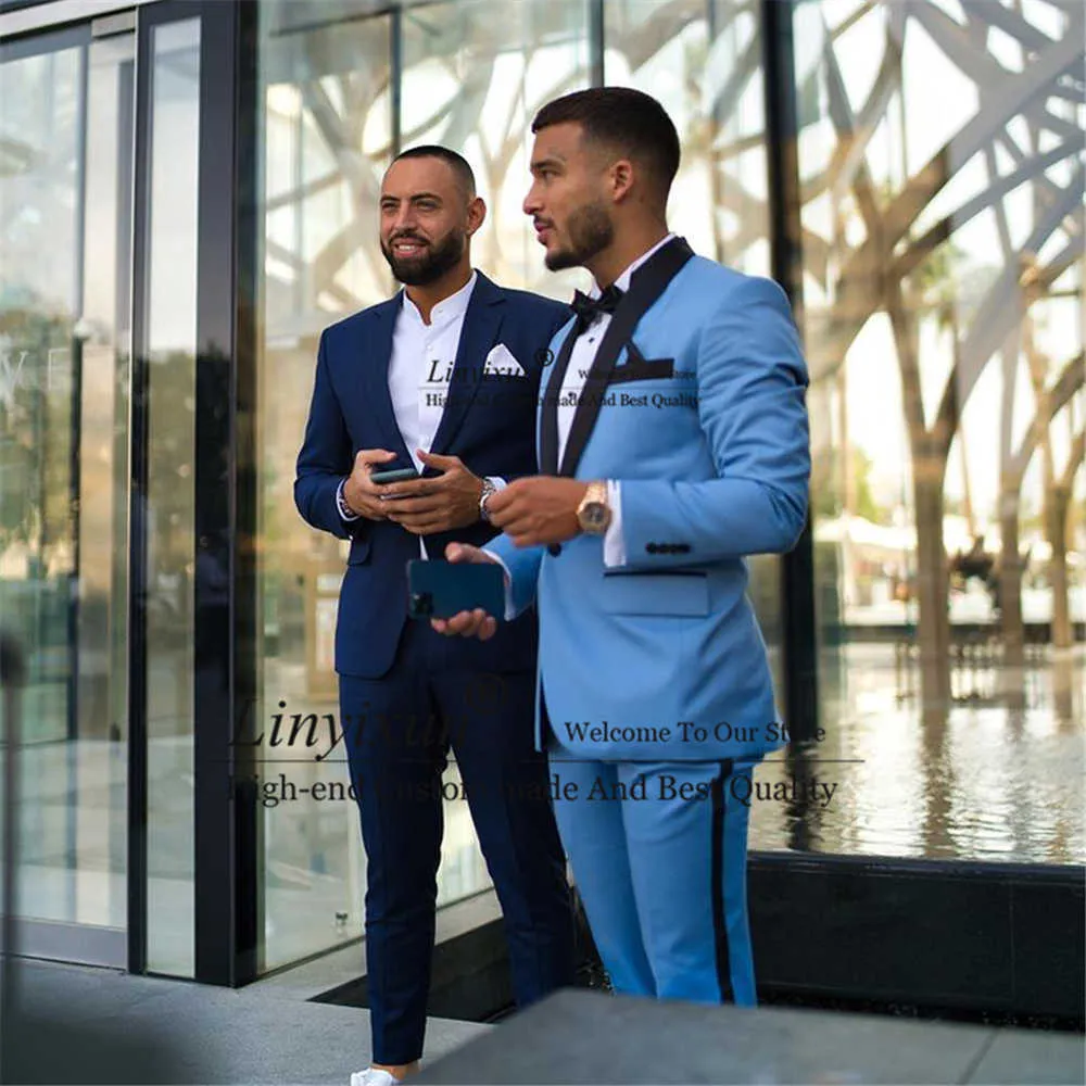 Handsome Royal Blue Men Suit Slim Fit Black Shawl Lapel Blazer Bröllop Bröllop Tuxedo Bästa Man Terno Masculino Jacka + Pant X0909